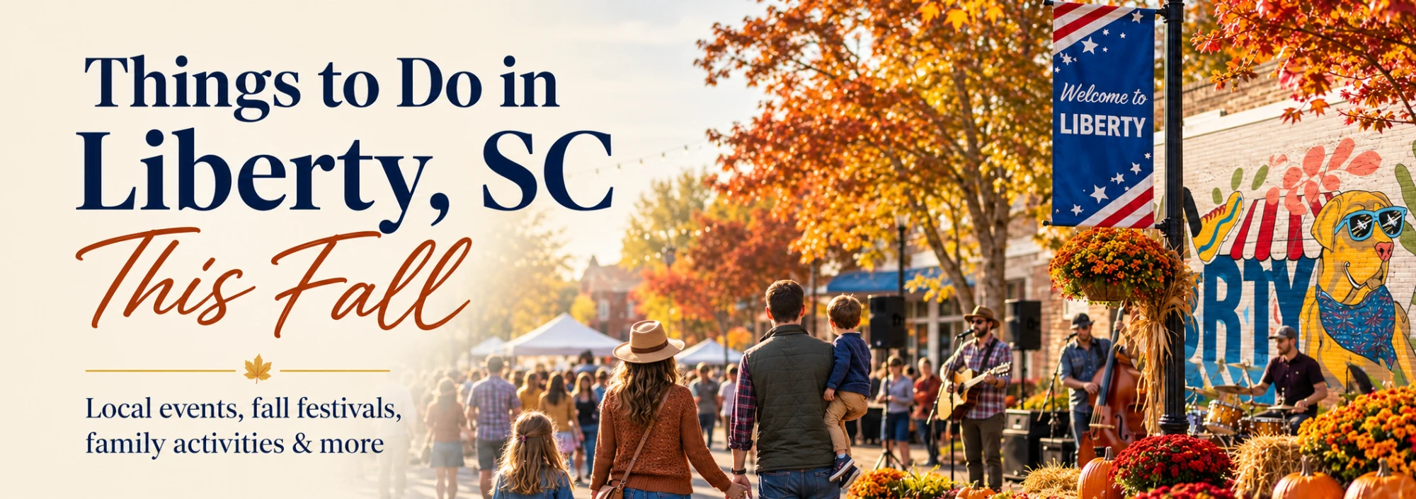 Families enjoying a fall festival with live music and pumpkins in downtown Liberty, South Carolina